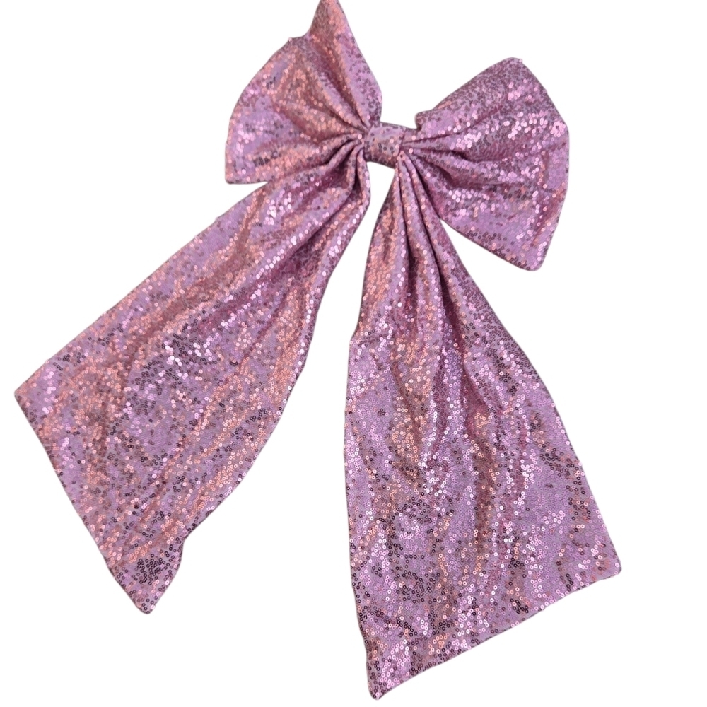 Elegant Pink Long Sequin Dress With Open Criss Cross Back And Removable Bow - Picture 4 of 5